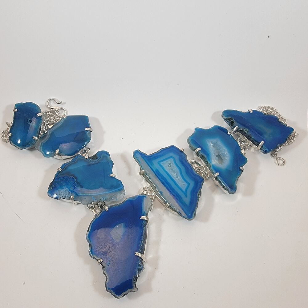 Handmade Blue Agate Necklace Sterling Silver Artisan Gemstone Statement Jewelry